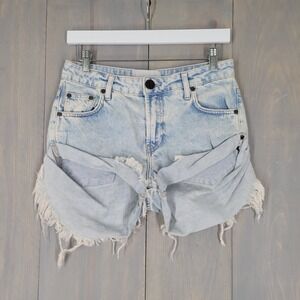 OneTeaspoon Bandit Denim Shorts Women 24 Light Blue Acid Wash Frayed Cut Offs